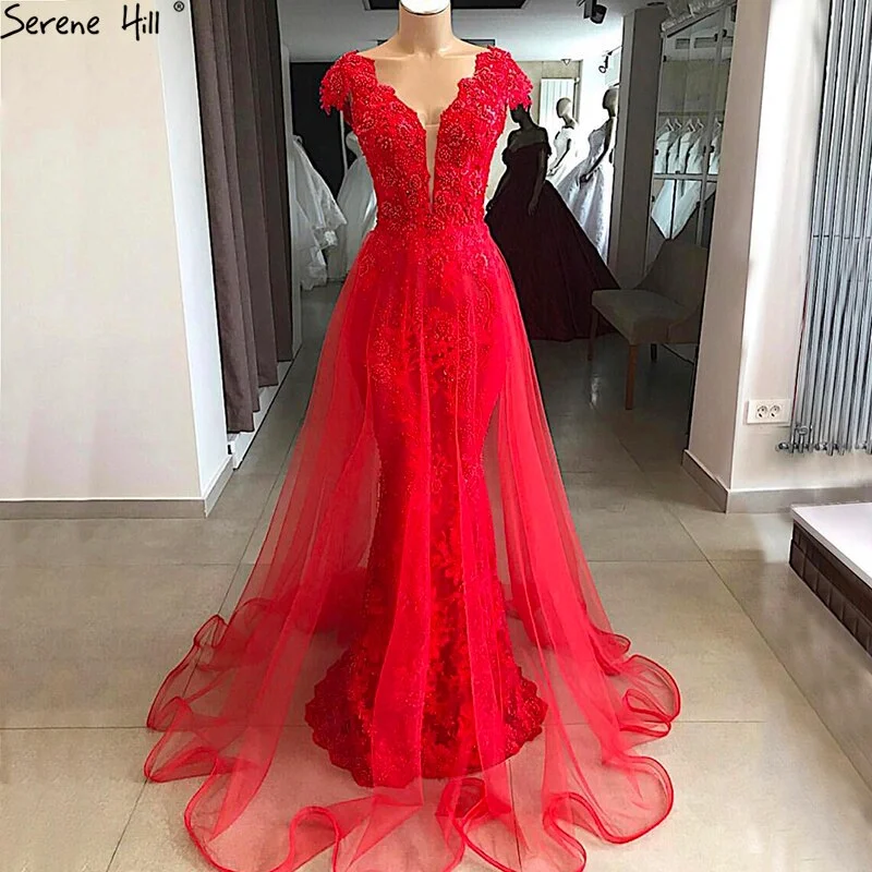 Weekend Special On Sale no return no refundSale Red Lace Pearls V-Neck Evening Dresses Design 2024 Cap Sleeve Sexy Mermaid Formal Dress Serene Hill LA6604