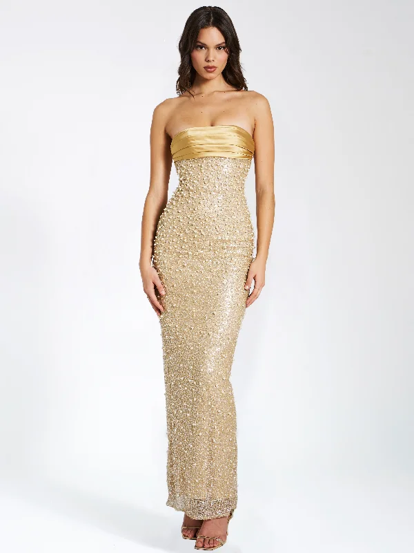Special Savings Lainey Gold Satin Sequin Pearls Beaded Maxi Dress