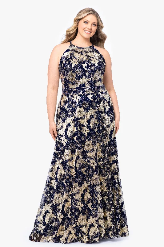 Major Savings Plus "Layla" Long Halter Top Wrap Foil Print Dress