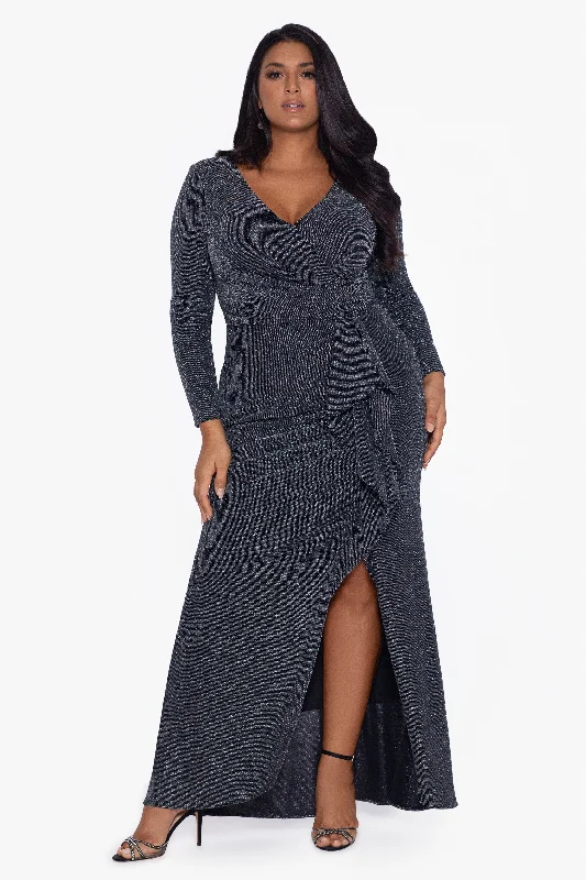 Exclusive Online Offer Plus "Rhonda" V-Neck Metallic Knit Long Dress