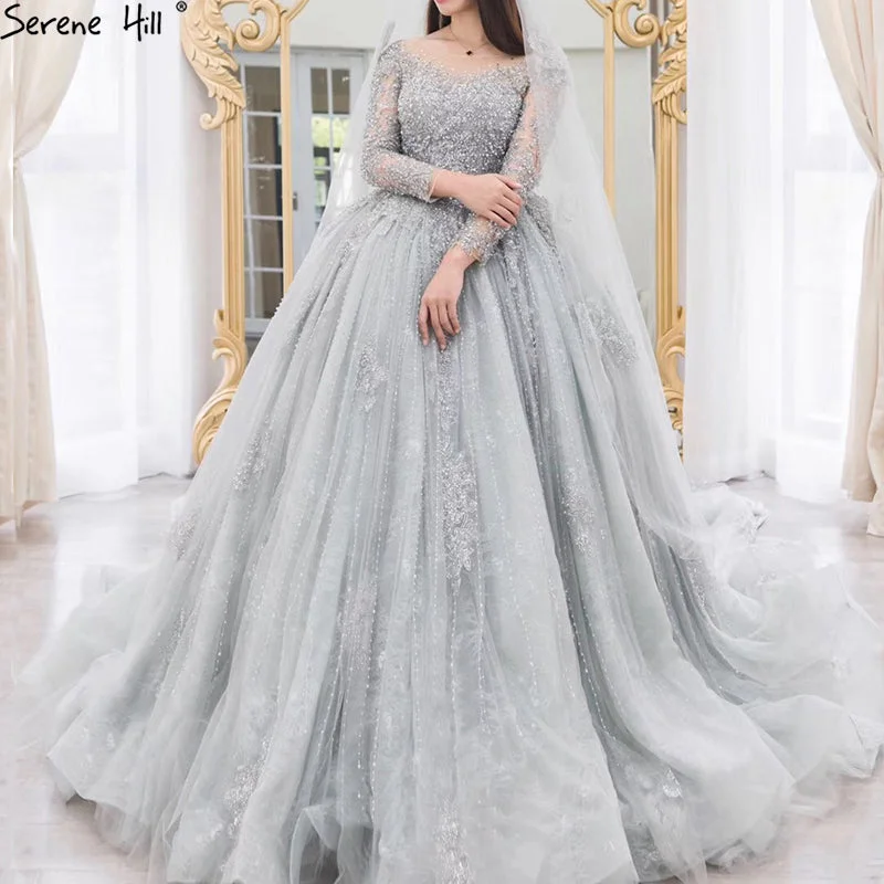 Price Cut Grey Luxury Wedding Dress With Beading Sequined Beading High-end Vintage Bridal Gowns