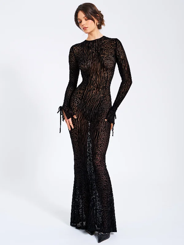 Warehouse Sale Waylynn Black Animal Print Burnout Velvet Detail Mesh Backless Maxi Dress