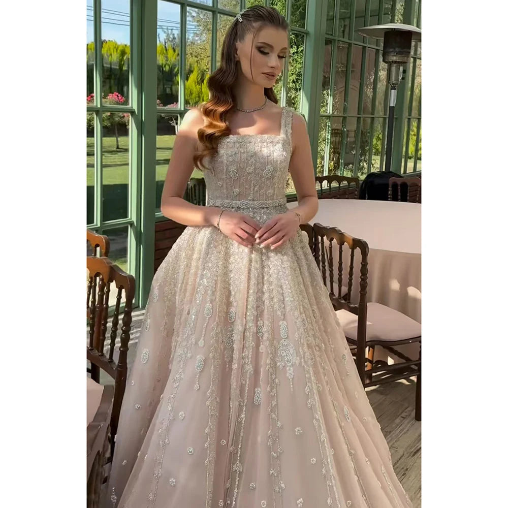 Special Offer Serene Hill 2025 Customized Saudi Arabia Nude Square Neck Elegant A-Line Evening Dress Beaded for Formal Occasion LA72835