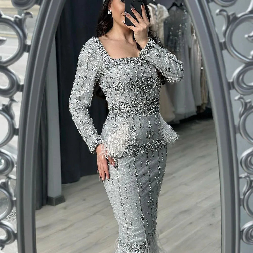 Clearance Event Serene Hill Sliver Gray Mermaid Evening Dress Tea Length Feather Prom Formal Dresses for Women's Wedding Party Gowns LA71669L Clearance Event Serene Hill Sliver Gray Mermaid Evening Dress Tea Length Feather Prom Formal Dresses for Women's Wedding Party Gowns LA71669L
