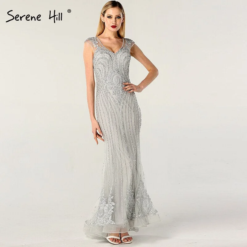 New Markdowns On Sale no return no refundSale Dubai Design Grey V-Neck Luxury Evening Dresses Beading Pearls Cap Sleeve Sexy Evening Gowns 2024 Serene Hill LA60821