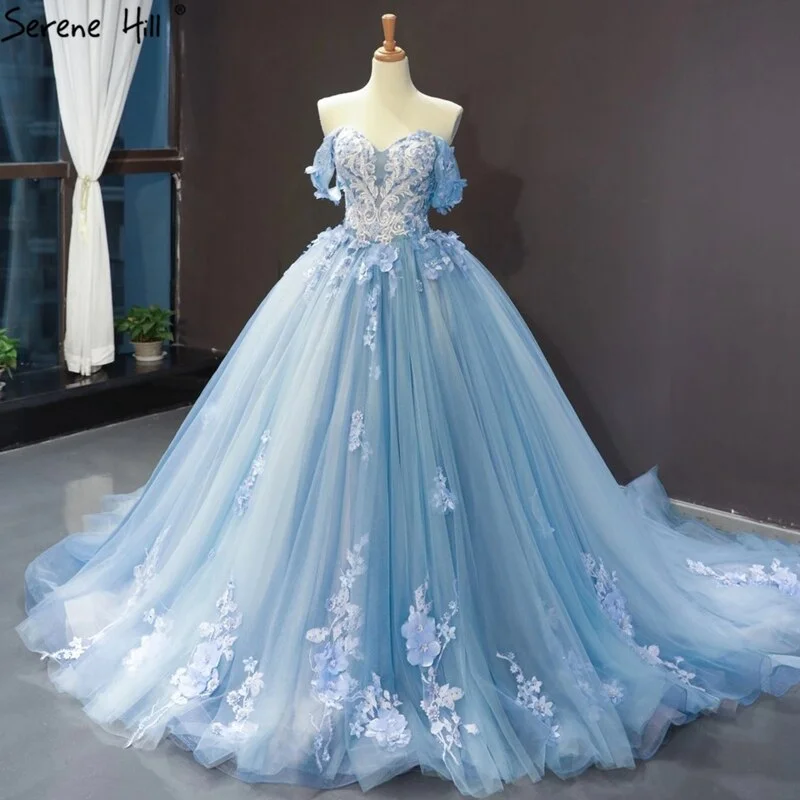 Unmissable Offer Serene Hill Clear Water Blue Evening Gowns 2024 Sleeveless Handmade Flowers Diamonds Formal Dress HM66706