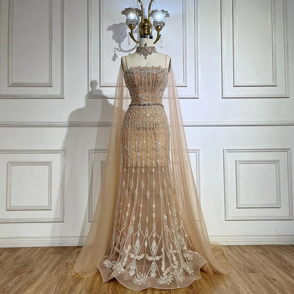 Super Sale Serene Hill 2024 Nude Beaded Spaghetti Strap Design Mermaid Evening Dresses Gowns with Long Cape for Formal Occasion LA72711
