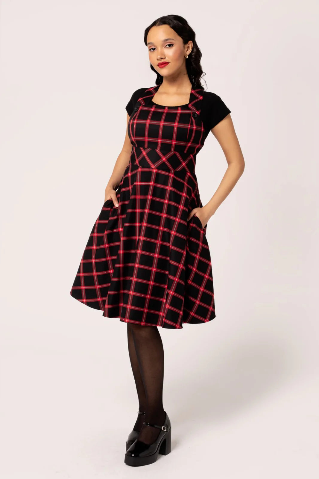 Low Prices Red Plaid Janine Pinafore Dress by Hell Bunny