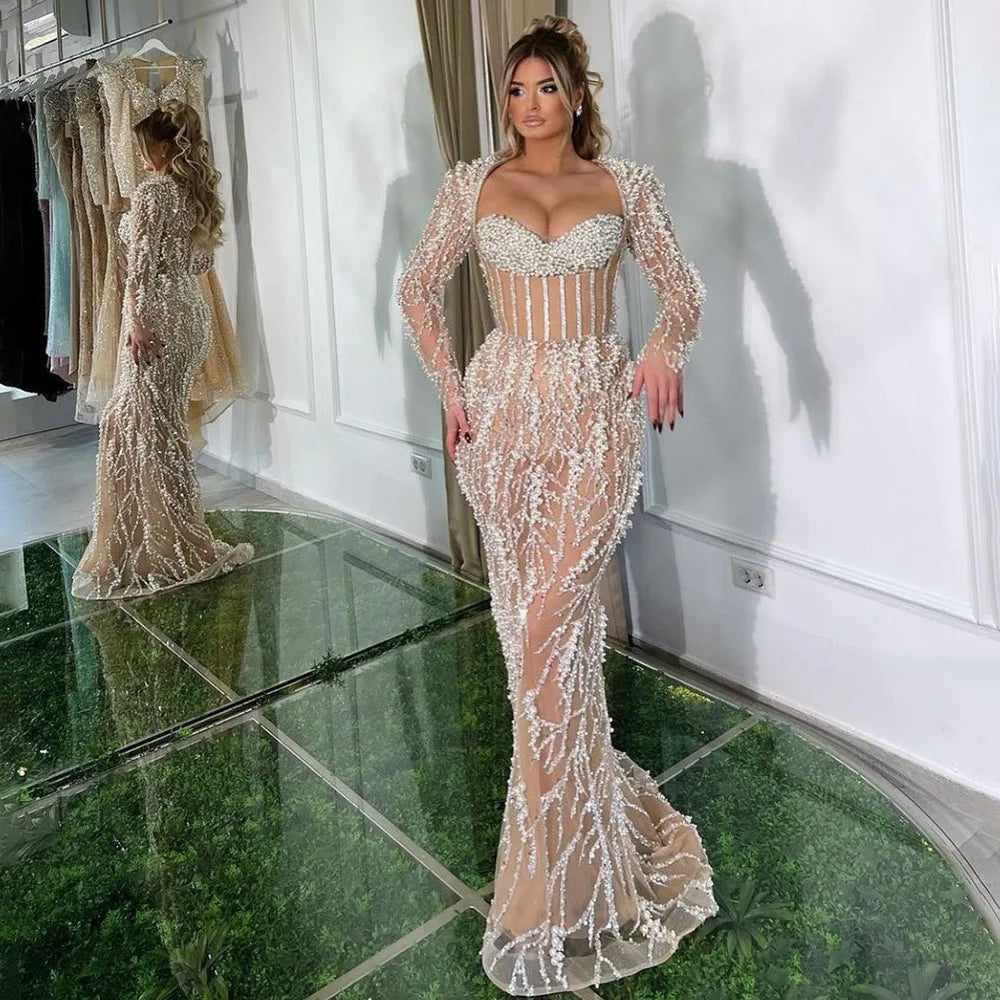 Discount Mania Serene Hill Dubai Luxury Pearls Beaded Nude Elegant Arabic Mermaid Evening Dress for Women - Wedding Party 2024 LA72361