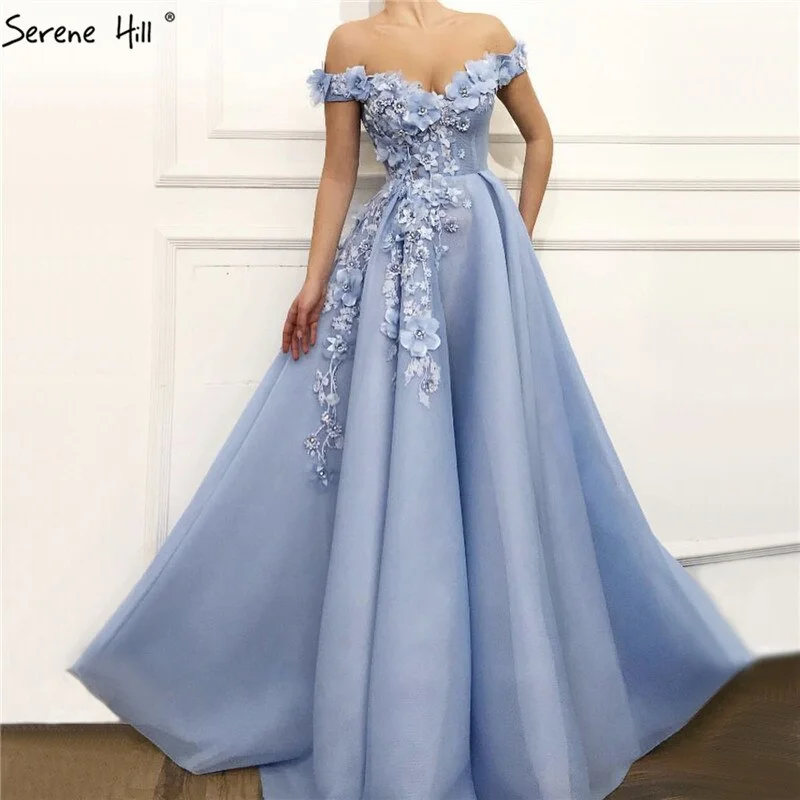 YEAR-End Clearance Sale Blue Off  Shoulder Sexy Beach Evening Dresses Handmade Flowers Pearls Sleeveless Evening Gowns 2024 Serene Hill LA60868