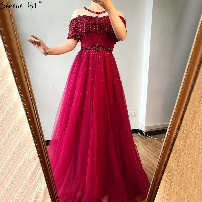Bonus Savings Wine Red Short Sleeves Sexy Evening Dresses 2024 Dubai Diamond Sequins O-Neck A-Line Formal Dress LA70352