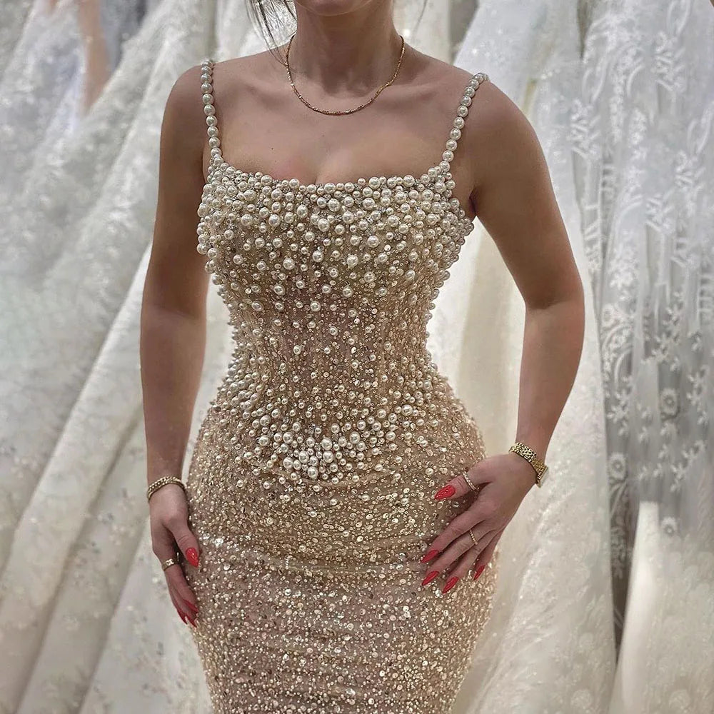 Super Deal Serene Hill Nude Mermaid Evening Gown - Elegant, Luxurious, Pearls Beaded. Perfect for Women's Wedding Party in 2024. LA72321