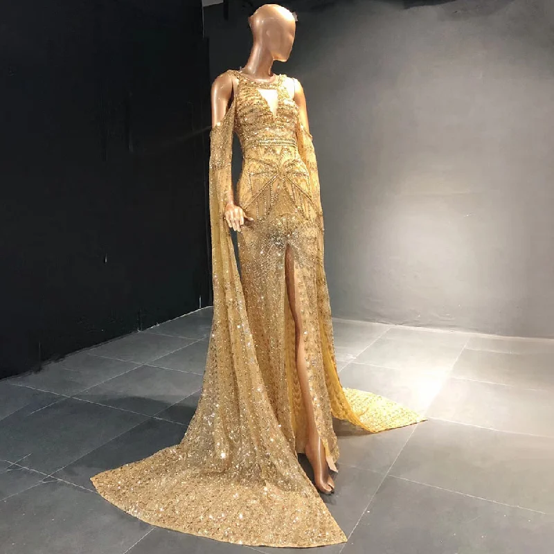 Buy Now Gold Mermaid Elegant High Split Evening Dresses Gowns 2024 Beaded Luxury Cape Sleeve For Women Party Serene Hill LA71503