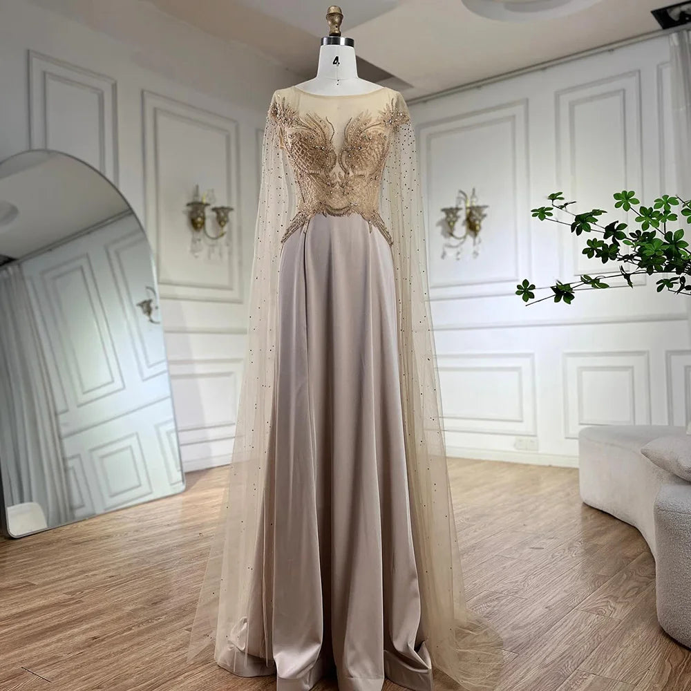 Best Bargains Serene Hill 2024 Nude Cape Sleeves Satin A Line Lace Beaded Luxury Dubai Evening Dresses Gowns for Women Wedding Party LA72702