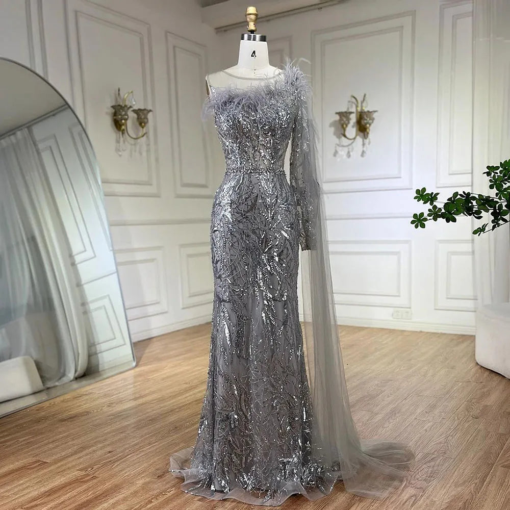 Exclusive Preview Serene Hill Arabic Silver Gray One Shoulder Mermaid Long Cloak Beaded Evening Dresses Gowns for Women Wedding Party 2024 LA72446 Exclusive Preview Serene Hill Arabic Silver Gray One Shoulder Mermaid Long Cloak Beaded Evening Dresses Gowns for Women Wedding Party 2024 LA72446