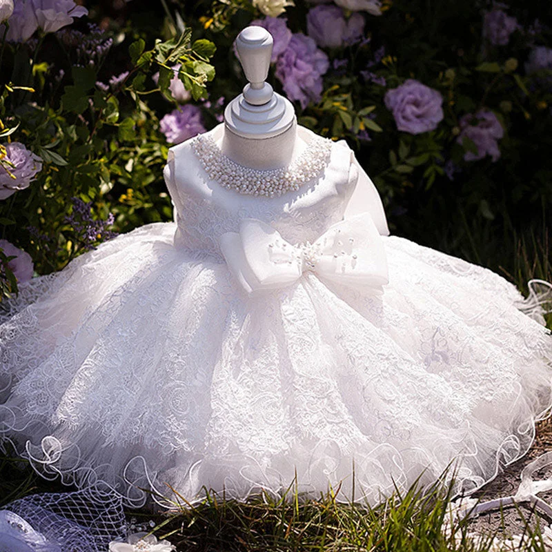 Exclusive Preview Baby Girl White Beaded Neck Lace Sleeveless Christening Dress