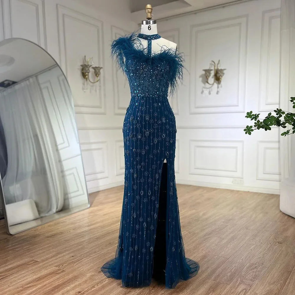 Special Buy Serene Hill 2024 Gray Elegant Halter Feathers Beaded Luxury Mermaid High Split Evening Dresses Party Gowns for Women LA72452 Special Buy Serene Hill 2024 Gray Elegant Halter Feathers Beaded Luxury Mermaid High Split Evening Dresses Party Gowns for Women LA72452