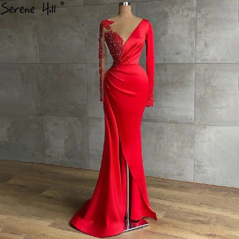 Year-End Sale Serene Hill Red Muslim Mermaid Split Evening Dresses Gowns 2024 Satin Beading Elegant For Women Party LA71032