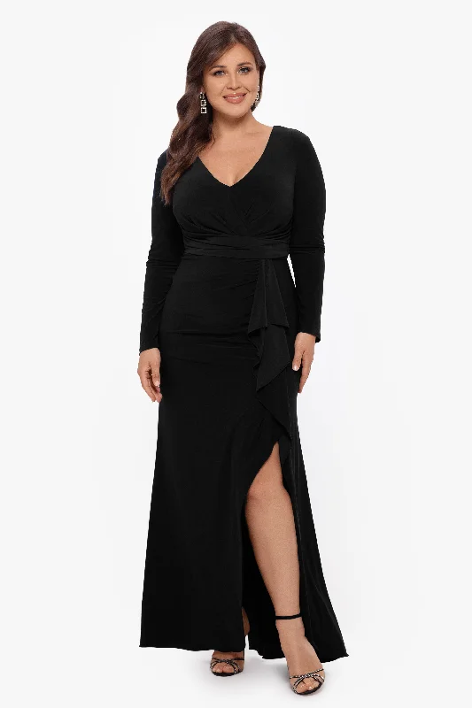 Steals and Deals Plus "Elle" Long Sleeve Side Ruffled Slit Gown