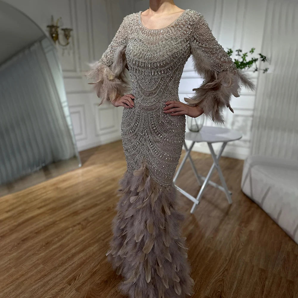Bargain Bin Serene Hill 2024 Nude Saudi Arabic Evening Gown with Beaded Feathers Dress for Formal Occasion LA72736