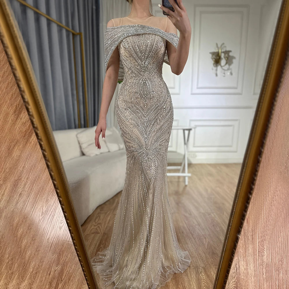 Get It Before It’s Gone Serene Hill Customized 2025 Saudi Arabic Silver Nude Beaded Mermaid Evening Dress Gown for Formal Occasion LA72800