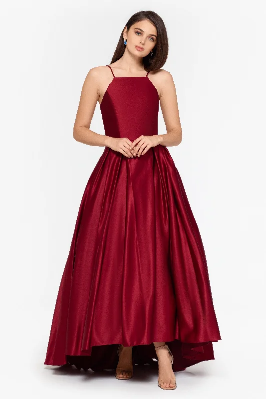 Price Reduction Petite "Grier" Long High Low Halter Satin Ballgown