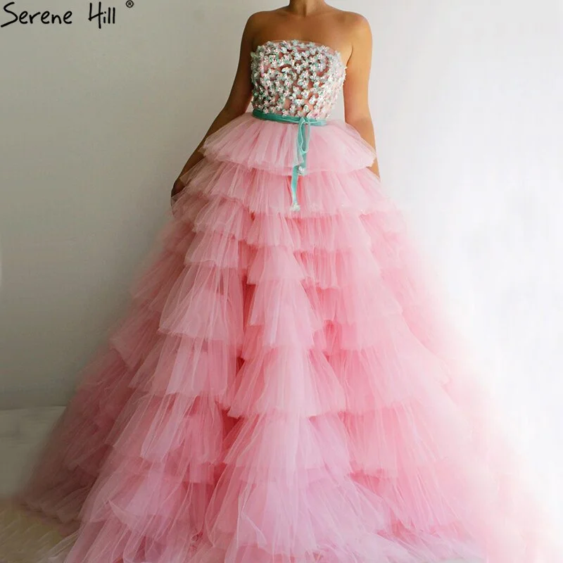 Super Bargain Serene Hill Pink A-Line Sexy Evening Dresses 2024 Sleeveless Beading Tiered Tulle Formal Dress Design LA70701