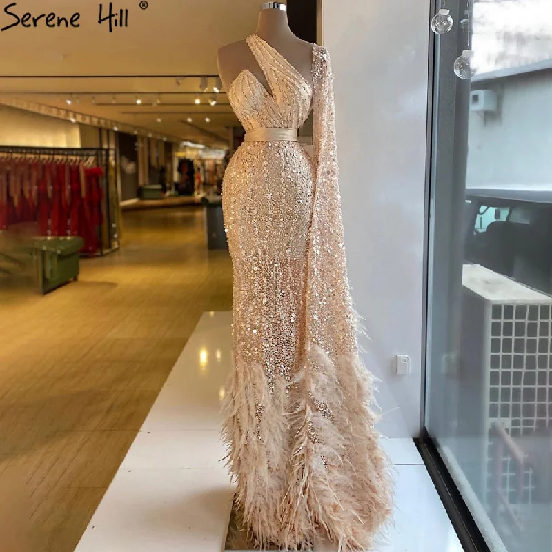Clearance Items Serene Hill Mermaid Gold One Shoulder Evening Dresses Gowns 2024 Luxury Feather Beading Elegant Sexy For Women Party LA71096