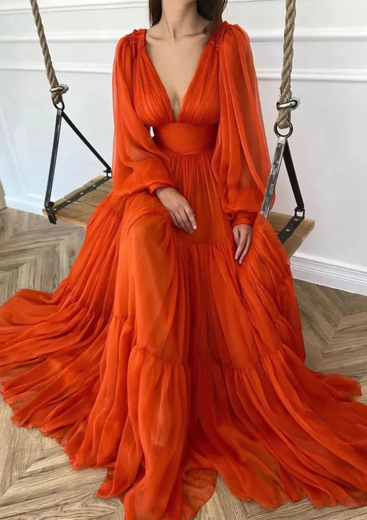 Exclusive Savings Serene Hill 2024 Arabic Red A-Line Long Sleeve Floor-Length Chiffon Prom Dress with Pleats for Women's Party LA72688