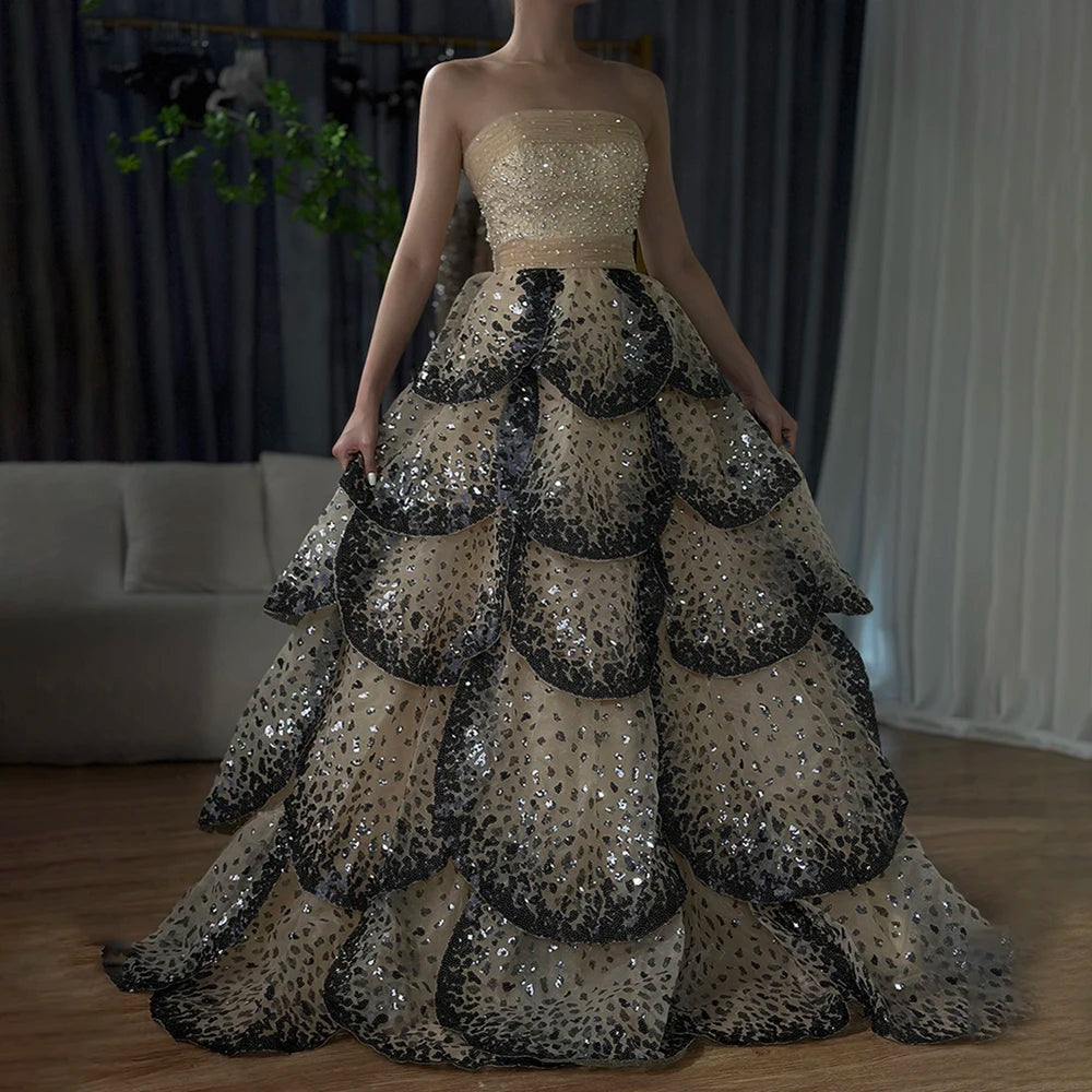 Limited Time Discount Serene Hill 2024 Black Nude Luxury Saudi Strapless Evening Dresses with Sparkly Sequin Tiered Ruffles for Formal Gowns LA72505A