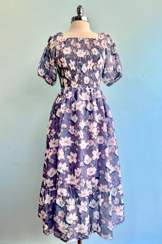Seasonal Sale Lavender Floral Bubble Sleeve Midi Dress