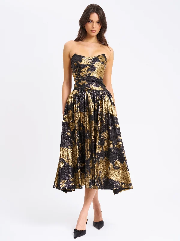 Limited Edition Saanvi Gold Tie Dye Bronzing Strapless Drop Waist Midi Dress