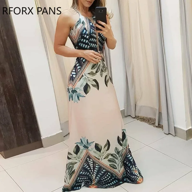Grand Opening Sale Women Halter Tripical Print Spaghetti Strap Maxi Dress Summer Dress Elegant Dress