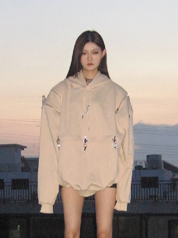 Steals and Deals Yani Solid Color Long Sleeve Detachable 2 in 1 Multi-Buckle Cropped/Full Hoodie + Solid Color Straight Leg Baggy Sweatpants Matching Set