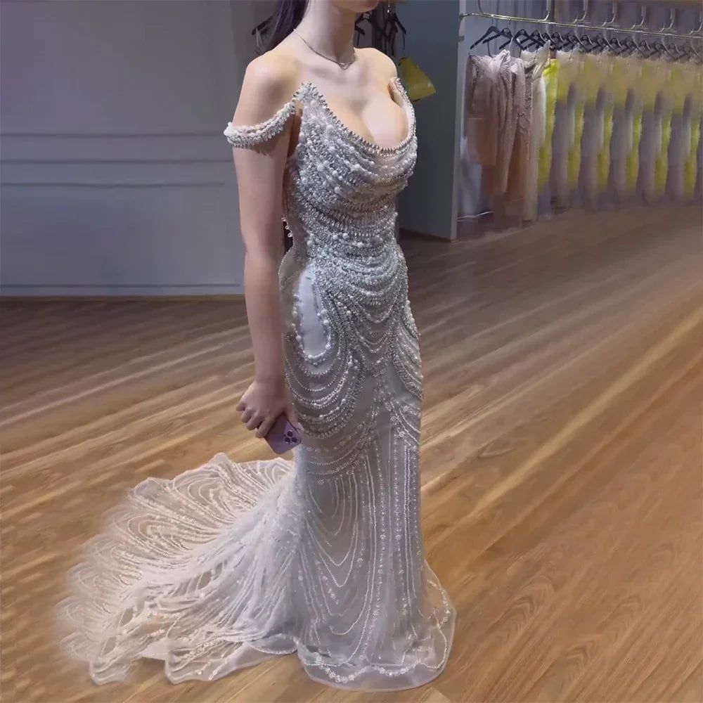 Flash Sale Dubai White Nude Strapless Mermaid Luxury Evening Dresses Gowns Pearls Beaded For Party 2024 LA72253 Customized