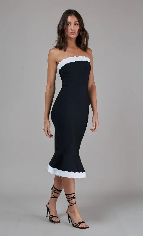 Year-End Clearance Wavy Trim Fishtail Bandage Midi Dress