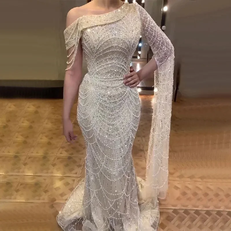 Price Drop Serene Hill Nude Mermaid Elegant One Shoulder Pearls Beaded Luxury Evening Dresses Gowns For Women Wedding Party 2024 LA72139
