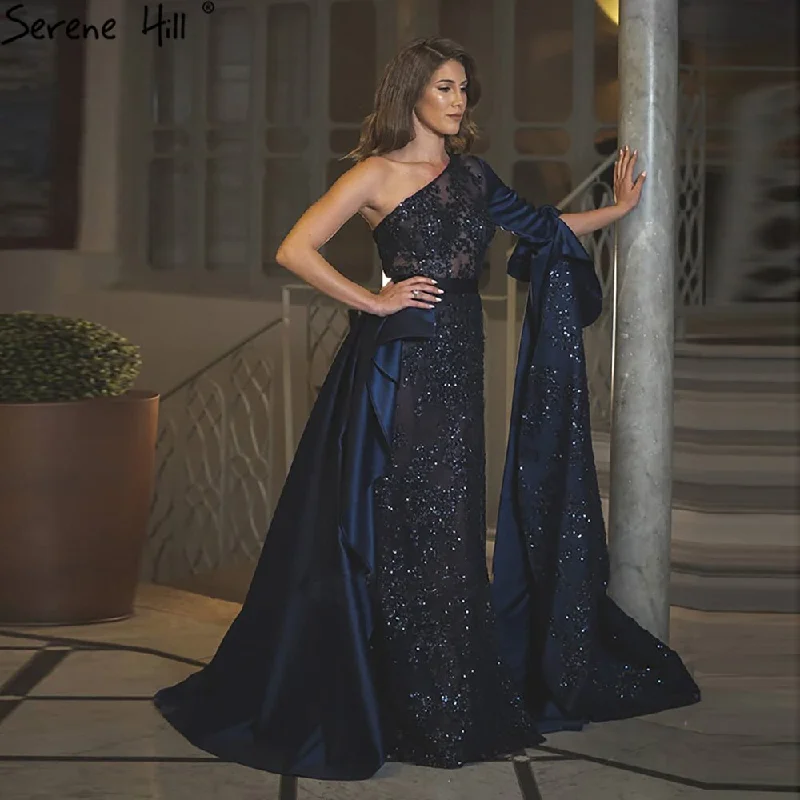 Price Cut Serene Hill Blue Mermiad Satin Evening Dresses Gowns 2024 Elegant One Shoulder Overskirt For Women Party LA71236
