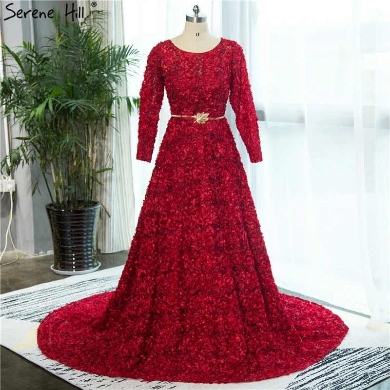 Super Bargain On Sale no return no refundSale New Style Wine Red O-Neck Tulle Evening Dress Long Sleeve Small Flowers Fashion Evening Gowns 2024 Vestido De Festa HA2140