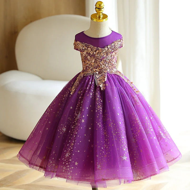 Closeout Sale Toddler Ball Gowns Girl Summer Princess Dress Purple Sequin Fluffy Dress