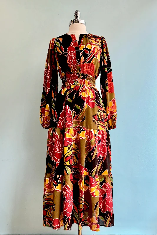 Mega Deal Long Sleeve Brown and Olive Floral Tiered Maxi Dress