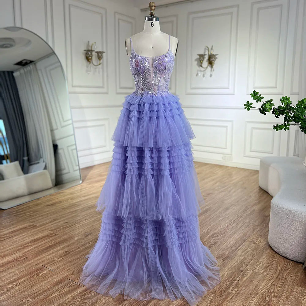 Low Prices Serene Hill 2024 Arabic Lilac Spaghetti Strap Tiered A-Line Lace Appliques Luxury Evening Gown for Women's Party LA72618