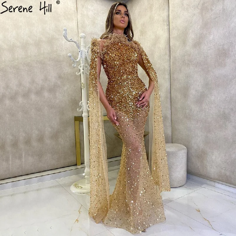 Weekend Special Sale Serene Hill Gold Luxury Elegant Mermaid Evening Dresses Gowns 2024 Cape Sleeves Beading Sexy For Women Party LA70833