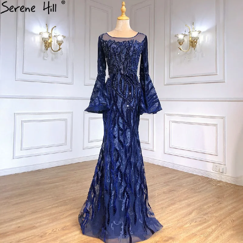 Now or Never Muslim Navy Blue Mermaid Elegant Evening Dresses Gowns 2024 Flare Sleeve Luxury For Women Party Serene Hill LA71417