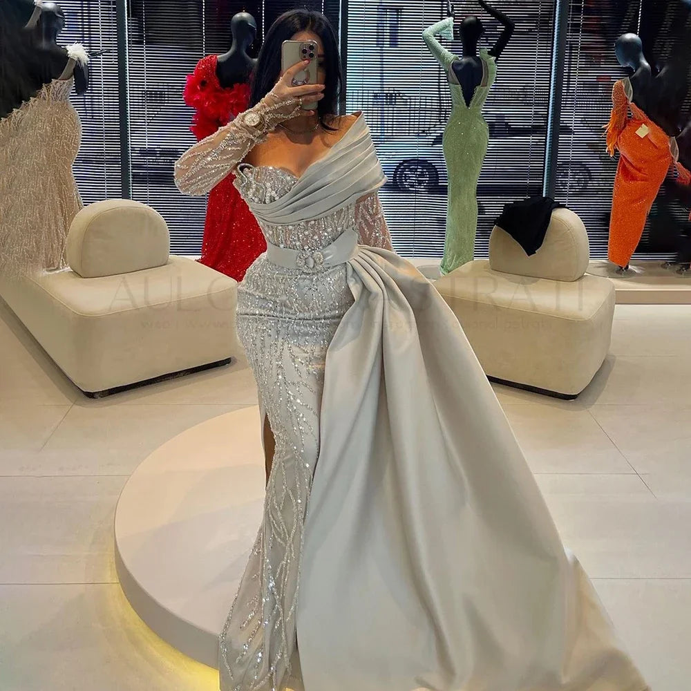Mega Sale Serene Hill Luxury Arabic Nude Pearls Beaded Evening Dresses Dubai Elegant One Shoulder Women Wedding Party Gowns 2024 LA72486
