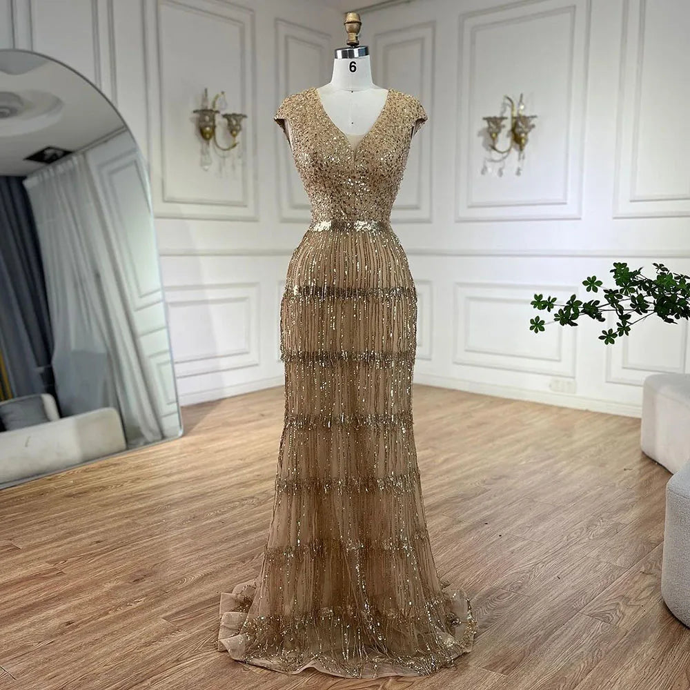 Great Bargains Serene Hill Luxury Dubai Arabic Mermaid Gold Elegant Tassel Beaded Evening Dresses Gowns for Women's Wedding Party 2024 LA72581
