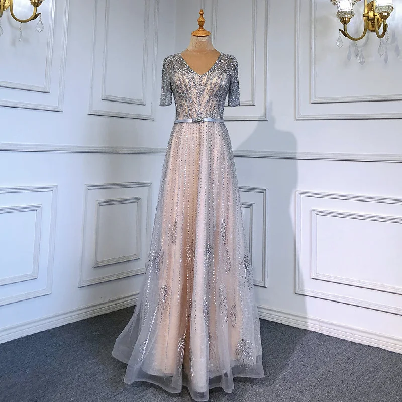 Buy More, Save More Serene Hill Gold Short Sleeves Evening Dresses Gowns 2024 Luxury Beaded A-Line For Woman Party  LA71602