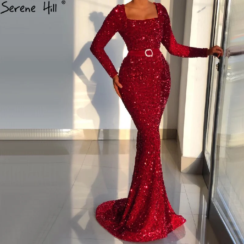 Price Slash Serene Hill Muslim Wine Red Mermaid Evening Dresses Gowns 2024 Luxury Long Sleeves Elegant For Women Party LA70797