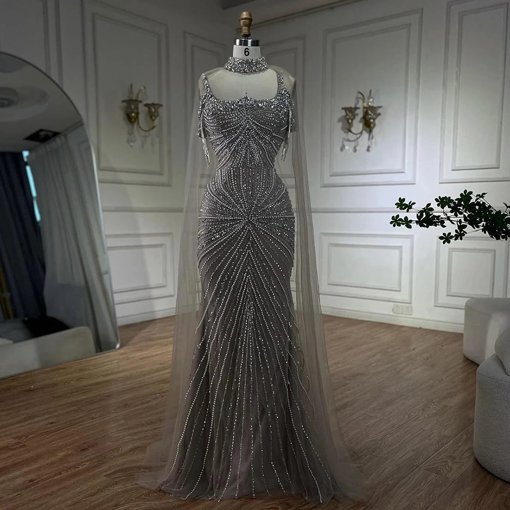 Online Specials Serene Hill Spaghetti Strap Long Cloak Mermaid Silver Nude Beaded  Luxury Evening Dresses Gowns for Women's Party 2024 LA72587