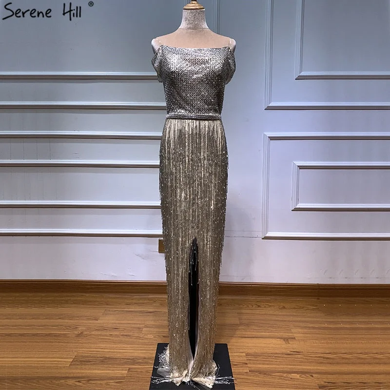 Grand Opening Sale On Sale No Return No Refund Dubai Gold Boat-Neck Tassel Sexy Evening Dresses Luxruy Short Sleeveless Sequined Beading Evening Gowns Real Photo LA60826